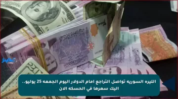 الليرة السورية تواصل التراجع أمام الدولار اليوم الجمعة 25 يوليو.. إليك سعرها في الحسكة الآن
